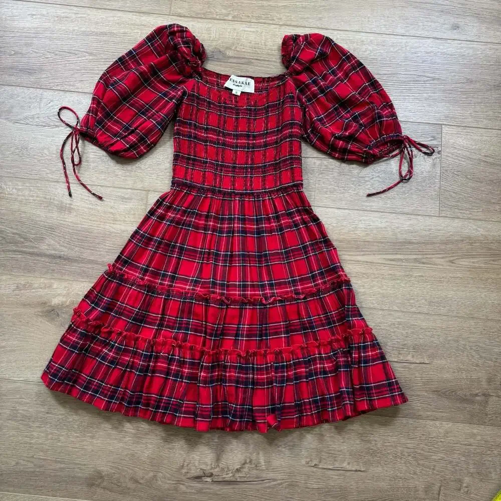 JessaKae Clara Plaid Smocked Puff Sleeve Tiered Dress Red Black S Boho - Picture 2 of 7